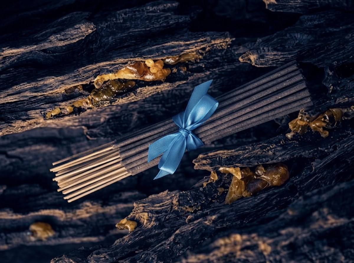 Bundle of dark Agarwood incense sticks tied with a blue ribbon, resting on charred wood with resin