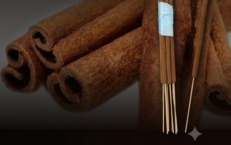 Cinnamon incense sticks arranged beside cinnamon bark