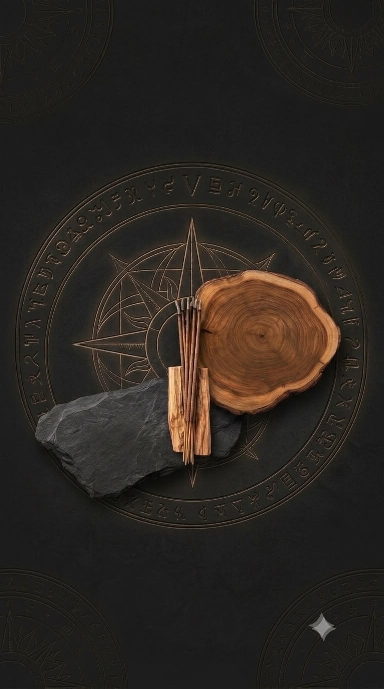 Incense sticks, slate stone, and a wood slice arranged on a dark ritual-circle background