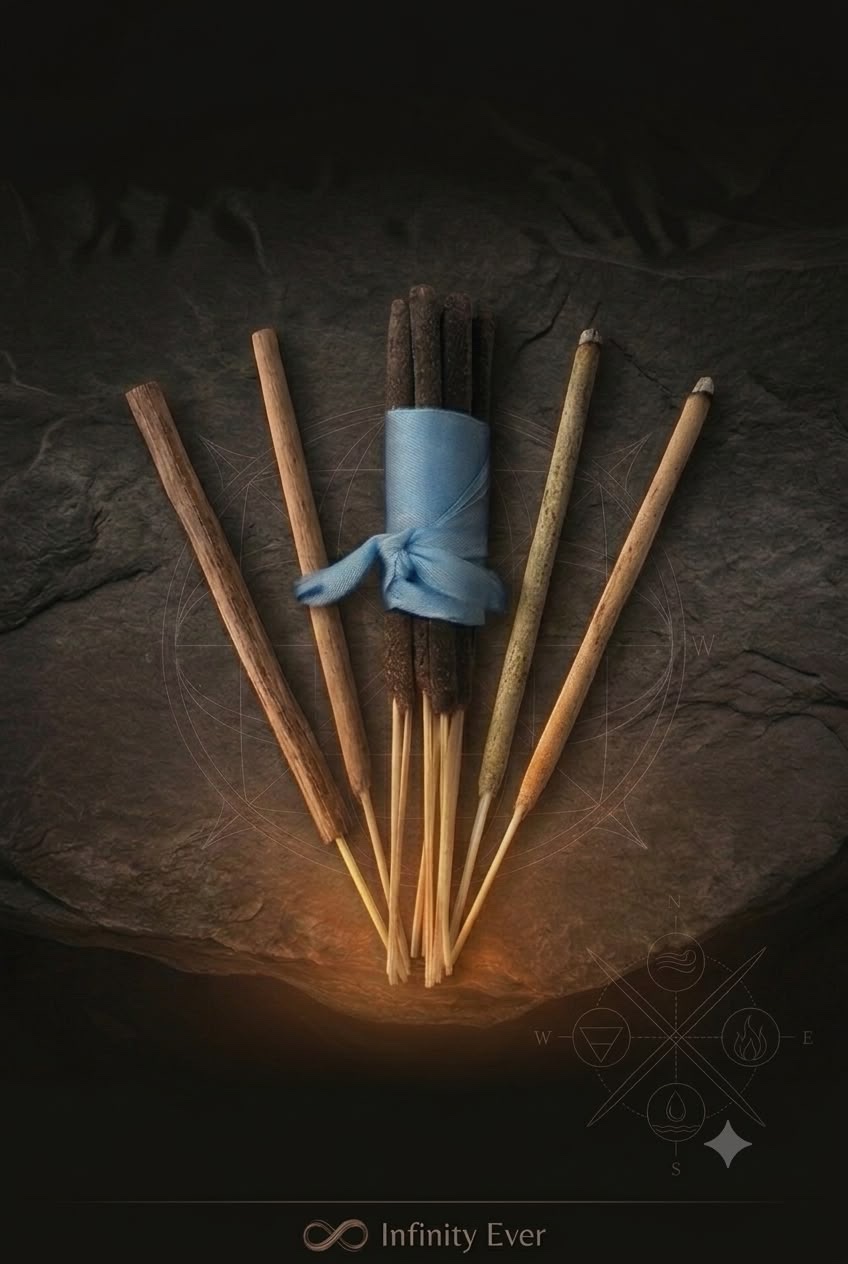 Infinity Ever incense arranged on dark slate over a compass ritual diagram