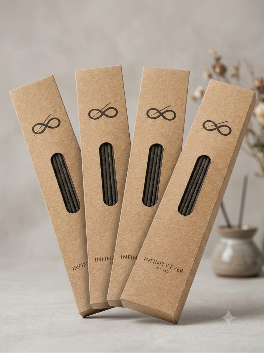 Four boxes of Infinity Ever Ritual incense fanned out together